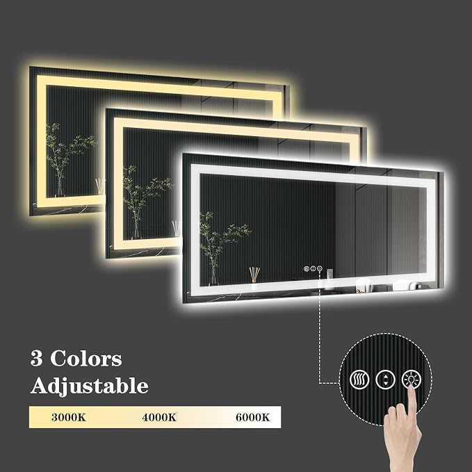 LED Bathroom Mirror, 55"X30" with Front Light and Backlit | Stepless Dimmable, Anti-Fog, Shatter-Proof, HD Reflection, Memory, 3 Colors Lighting, UL Listed (Horizontal/Vertical).