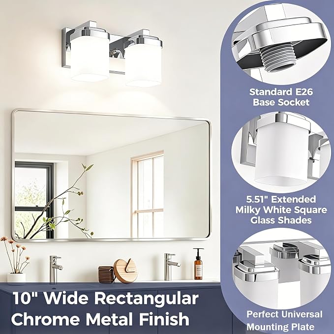 Lighting Fixtures Over Mirror, Small Bathroom Lamp Vanity Lights | 2-light chrome vanity lights for bathroom with milky white square glass shade, 10" modern farmhouse bathroom light fixtures