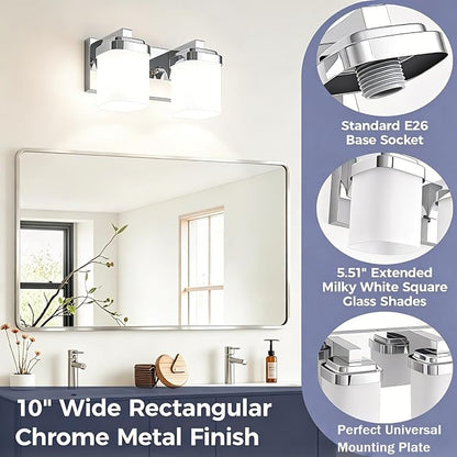 Lighting Fixtures Over Mirror, Small Bathroom Lamp Vanity Lights | 2-light chrome vanity lights for bathroom with milky white square glass shade, 10" modern farmhouse bathroom light fixtures