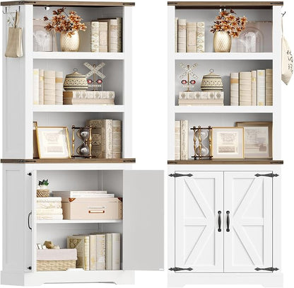 TEENFON 70.9in Tall Storage Cabinet with Adjustable Shelves, Kitchen Pantry Cabinet with 2 Barn Doors, 5 Tiers Farmhouse Bookcase for Living Room, Kitchen, Home Office, Bedroom, White