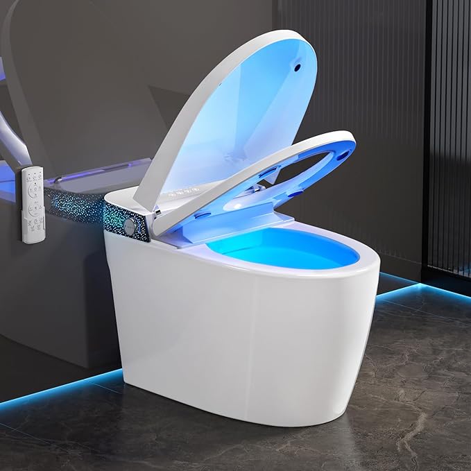 Smart Toilet with Bidet Built in, Elongated Bidet Toilet with Auto Soft Open/Close, Auto Flush, One Piece Toilet with Warm Wash & Dryer, Heated Seat, LED & Night Light, Self-Cleaning, Full/Half Flush