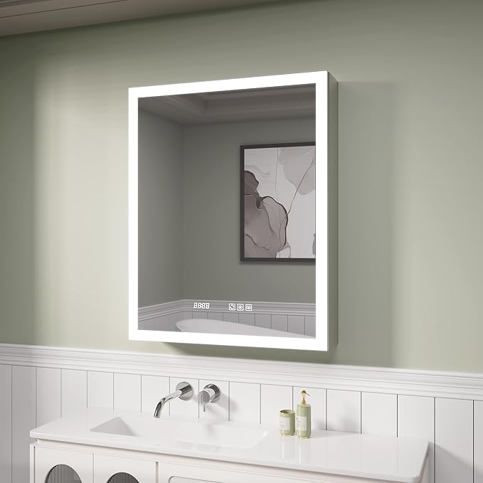 Edge LED Medicine Cabinet Mirror, 24x30 Inch Bathroom Storage, Recessed/Wall Mount, Plug-in/Hardwired, 3 Color Dimmable Light, Anti-Fog, Time Temp Display, Left Hinge