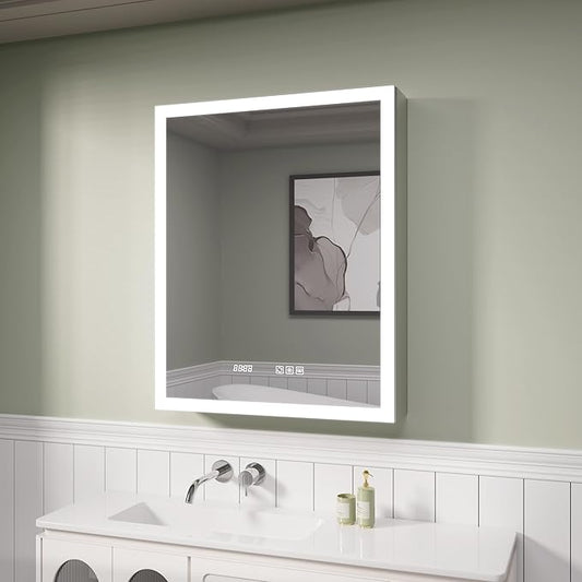 Edge LED Medicine Cabinet Mirror, 24x30 Inch Bathroom Storage, Recessed/Wall Mount, Plug-in/Hardwired, 3 Color Dimmable Light, Anti-Fog, Time Temp Display, Left Hinge