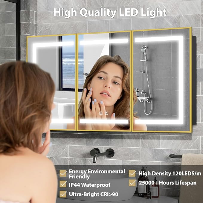 ROOMTEC Lighted Medicine Cabinet with Mirror, Bathroom Mirror Cabinet with Lights and Storage, 3 Doors Bathroom Wall Cabinet with LED Lights,Gold, 48"x32"