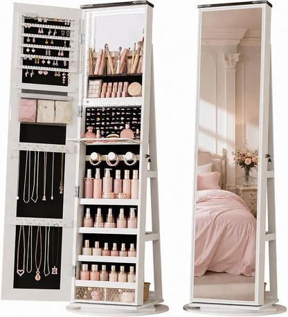 LVSOMT Jewelry Cabinet Standing, 360° Swivel Jewelry Armoire, White Brown | Full Length Mirror with Storage, 3 Rear Shelves, Internal Mirror, 3 Color Lights, Lockable for Bedroom, Women Girls Gift