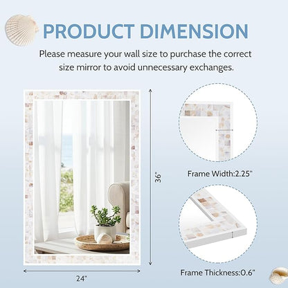 Tanmicoshomy Brown Shell Framed Rectangular Wall Mirrors for Bathroom, 24x36 Inch Mosaic Mirror for Bedroom Living Room or Entryway, Wall Mounted Horizontal or Vertical Hanging