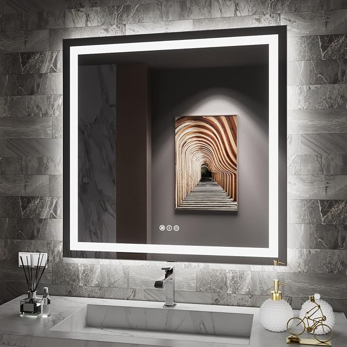 LED Bathroom Mirror 32"X32" with Front Light and Backlit | Stepless Dimmable, Anti-Fog, Shatter-Proof, HD Reflection, Memory, 3 Colors Lighting Square Mirror, UL Listed