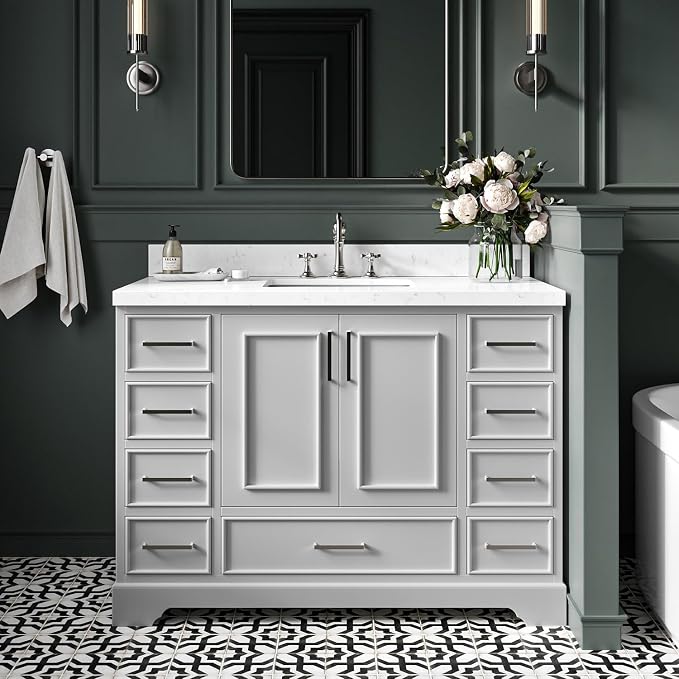 Langford 48-inch Grey Bathroom Vanity with Center Rectangle Single Sink, Carrara White Quartz Countertop & Backsplash, Solid Wood Frame, Soft-Closing & Dovetail Drawers