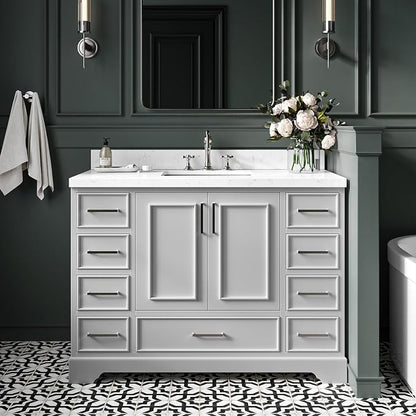 Langford 48-inch Grey Bathroom Vanity with Center Rectangle Single Sink, Carrara White Quartz Countertop & Backsplash, Solid Wood Frame, Soft-Closing & Dovetail Drawers