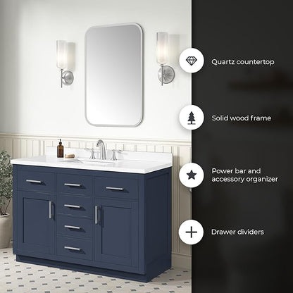 OVE Decors Bailey 48 in. Single Sink Freestanding Midnight Blue Bathroom Vanity with White Quartz Top, Matching Backsplash and Power Bar