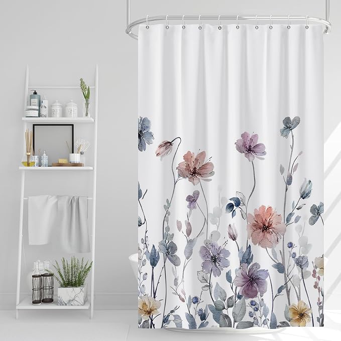 AWERT Wildflower Shower Curtain for Bathroom Watercolor Floral Shower Curtain with Hooks Waterproof Flower Printing Fabric Bathroom 48x72 Inch