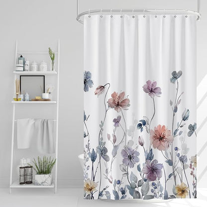 AWERT Wildflower Shower Curtain for Bathroom Watercolor Floral Shower Curtain with Hooks Waterproof Flower Printing Fabric Bathroom 48x72 Inch