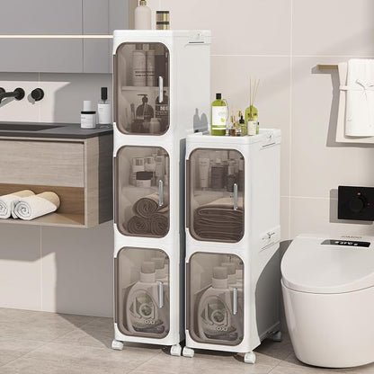 5 Tier Slim Bathroom Storage Cabinet, Foldable and Movable, White | Tools Free, ABS and PET, Magnetic Clear Door, Adjustable Shelves, Lockable Wheels, Water Resistant, For Narrow Space