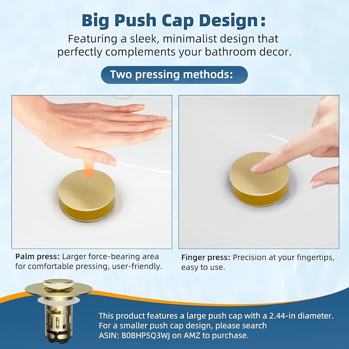 Hibbent Upgraded 3 in 1 Bathroom Sink Drain Strainer, Pop Up Sink Stopper with Big Push Cap, Anti-Clogging Metal Filter Basket,Sink Plug with Hair Catcher for 1.1''~2.36'' Basin, Brushed Gold