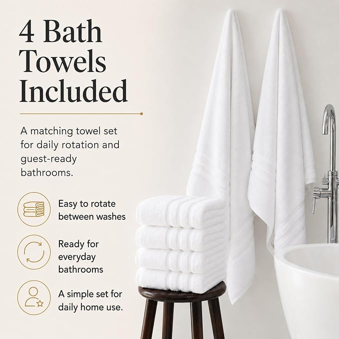 Velqora Large Bath Towels 4 Pack, 30x60 in, 100% Cotton, White | Soft & Absorbent | Balanced Weight | Everyday Comfort | Easy Care