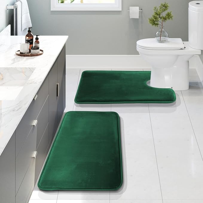 Clara Clark 2 Piece Bathroom Rugs, Velvet Memory Foam Bath Mat Set, Non-Slip Bath Rugs, Machine Wash, Dries Quickly, Ultra Soft Plush Bath Mats for Bathroom, 20 x 32 + Contour, Hunter Green
