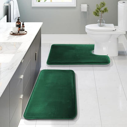 Clara Clark 2 Piece Bathroom Rugs, Velvet Memory Foam Bath Mat Set, Non-Slip Bath Rugs, Machine Wash, Dries Quickly, Ultra Soft Plush Bath Mats for Bathroom, 20 x 32 + Contour, Hunter Green