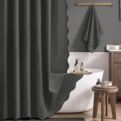 BTTN Charcoal Grey Scalloped Shower Curtain, Linen Textured Thick Fabric Shower Curtain Set with 12 Plastic Hooks, Rustic Farmhouse Waterproof Shower Curtains with Black Edge for Bathroom, 72x72, Gray