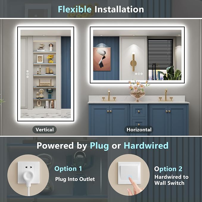 50x30 Black LED Bathroom Mirror, Backlit & Front Lit Lighted Mirror | Metal Framed Anti-Fog Vanity Mirror with Lights, 3 Color Dimmable, Memory, HD Tempered Glass, CRI95, UL Listed, Wall Mounted