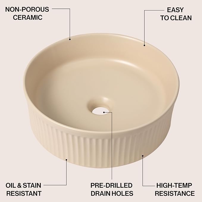 JONATHAN Y Element 14.75" Round Fluted Vessel Sink, Matte Beige | Ceramic, Above Counter Vanity Basin, 5.25" Height, 1.75" Drain Hole, Stain Resistant Glaze, Modern Minimalist Style