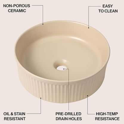 JONATHAN Y Element 14.75" Round Fluted Vessel Sink, Matte Beige | Ceramic, Above Counter Vanity Basin, 5.25" Height, 1.75" Drain Hole, Stain Resistant Glaze, Modern Minimalist Style