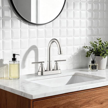 Bathroom Sink Faucet 4 Inch 2 Handle Centerset Brushed Nickel Lead-Free Modern Bathroom Faucet Vanity Faucet with Pop-up Drain Stopper and Supply Hoses
