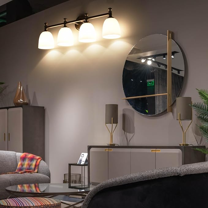 Bathroom Vanity Light, 4-Light Bathroom Light Fixtures Over Mirror, Traditional Vanity Lights for Living Room, Milk White Bell Glass Shades, Standard E26 Base, Brushed Nickel