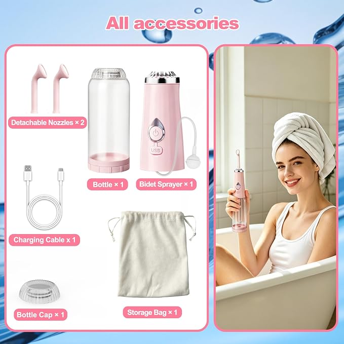 Portable Bidet for Travel - IPX7 Waterproof & 4 Spray Modes | 2 Quick‑Detachable Nozzles, Electric Handheld Bidet for Women, Compact Design for Home Travel Postpartum Personal Hygiene