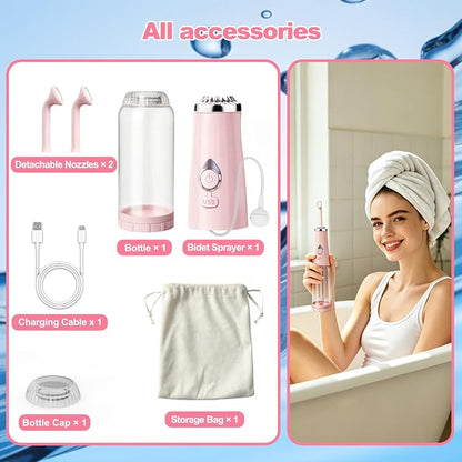 Portable Bidet for Travel - IPX7 Waterproof & 4 Spray Modes | 2 Quick‑Detachable Nozzles, Electric Handheld Bidet for Women, Compact Design for Home Travel Postpartum Personal Hygiene