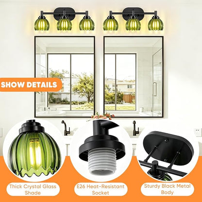 Bathroom Vanity Light, 3-Light Vanity Lighting Fixtures with Green Tulip Glass Shade, Modern Bathroom Wall Mount Lamp, Black Vanity Lights Over Mirror for Living Room, Hallway, Cabinet, Porch