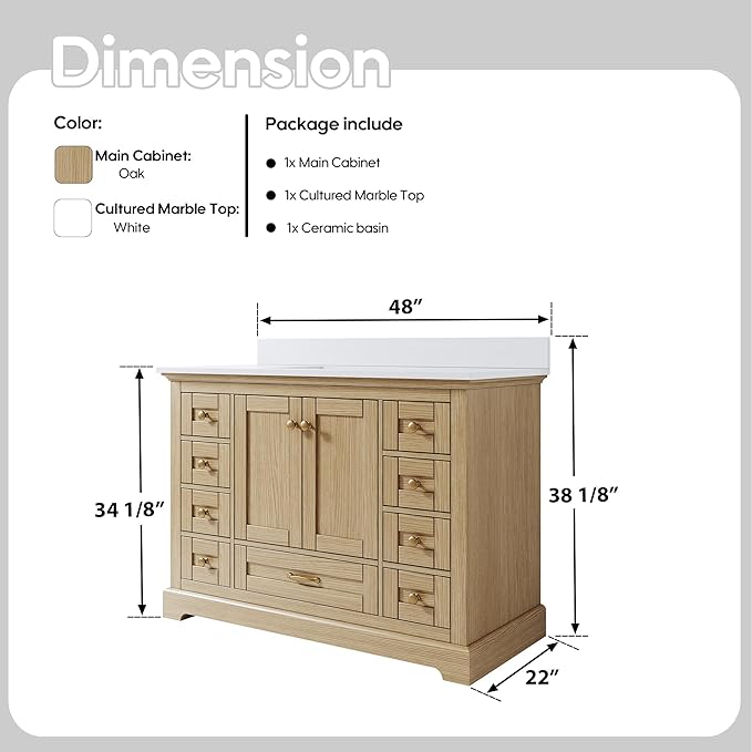 WELLFOR 48" Bathroom Vanity with Sink, Bathroom Freestanding Vanity W/ 2 Soft-Close Doors and 9 Soft-Close Drawers, Bathroom Cabinet Vanity with Cultured Marble Countertop (Oak)