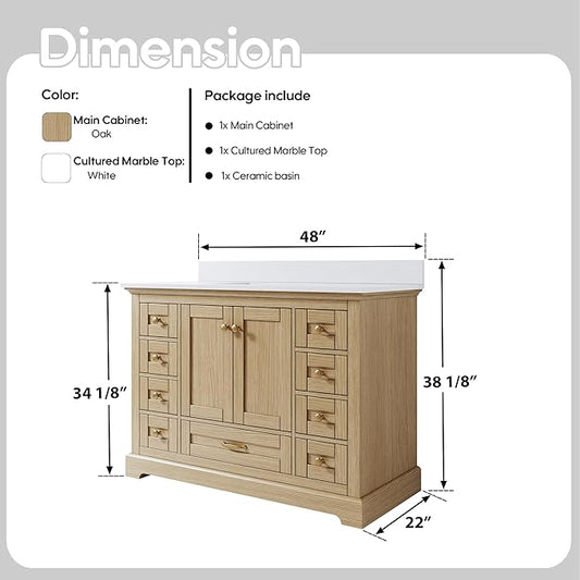 WELLFOR 48" Bathroom Vanity with Sink, Bathroom Freestanding Vanity W/ 2 Soft-Close Doors and 9 Soft-Close Drawers, Bathroom Cabinet Vanity with Cultured Marble Countertop (Oak)