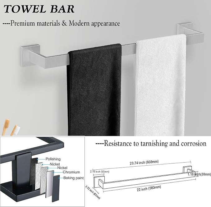 BOZWELL 5 Piece Brushed Nickel Stainless Steel Towel Bar Set, 23.6 inch Square Bathroom Hardware Accessories Set,Wall Mounted Towel Racks for Bathroom