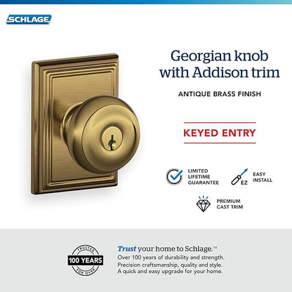 SCHLAGE F51A GEO 609 ADD Georgian Knob with Addison Trim Keyed Entry Lock, Antique Brass