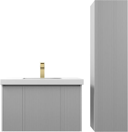 Blossom Positano Wall Mounted Bathroom Vanity with Acrylic Sink & Side Cabinet | All Wood Floating Vanity Cabinet | Soft-Close Drawer | Modern Minimalist Style (Light Grey, 30" w/Sink & SC)