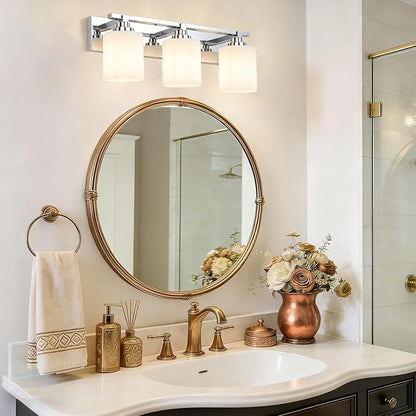 Modern Bathroom Lighting Fixtures Over Mirror, Vanity Lights for Bathroom, Wall Sconces with Milky White Glass Shades, E26 Ceramic Socket, 3-Light 19.7-inch Chrome