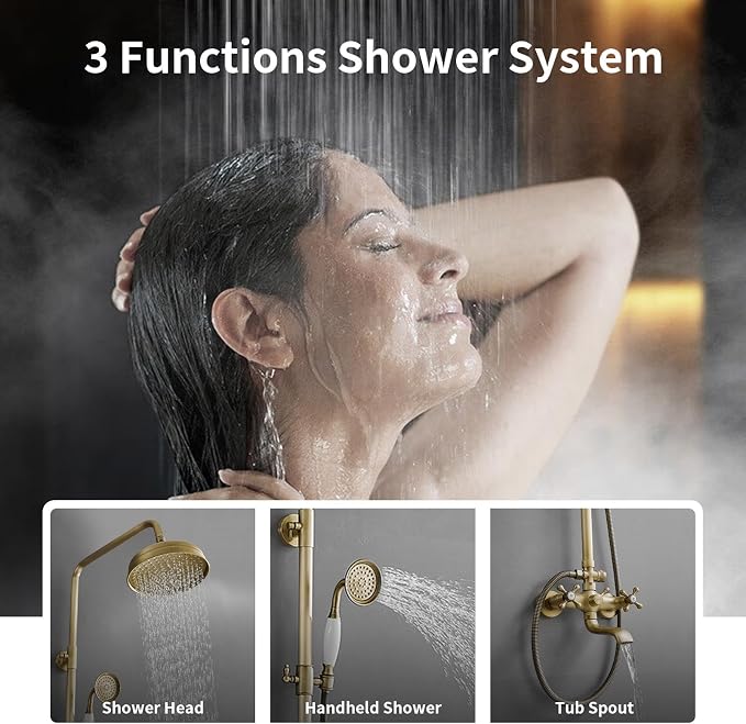 Outdoor Shower Features, Exposed Shower System 3 Function | 8 Inch Rain Shower Head,Handheld Shower Head & Tub Spout,Solid Brass,Dual Handle,High Pressure,Wall Mounted,Antique Brass