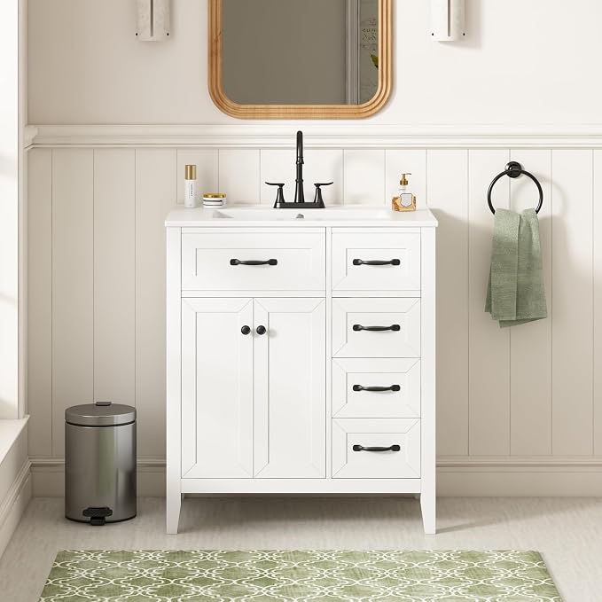 Merax 30 Inch Bathroom Vanities with Undermount Ceramic Sink, Storage Cabinet with Soft Closing Doors and Three Drawers, Solid Wood Frame, White
