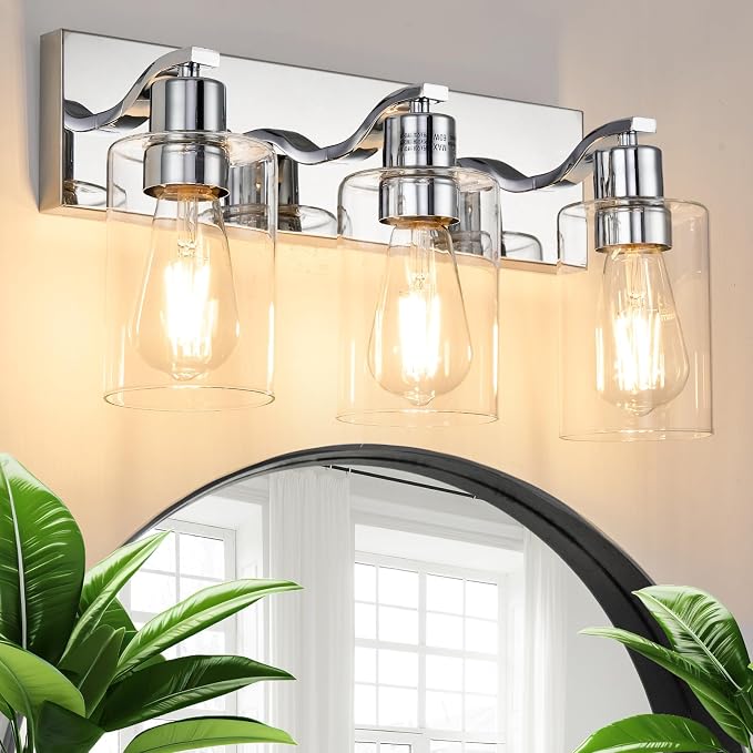 3 Lights Bathroom Light Fixtures Chrome Vanity Light with Clear Glass Shade 18in Modern Bathroom Lighting Fixtures Over Mirror for Bedroom/Living Room