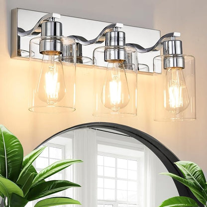 3 Lights Bathroom Light Fixtures Chrome Vanity Light with Clear Glass Shade 18in Modern Bathroom Lighting Fixtures Over Mirror for Bedroom/Living Room