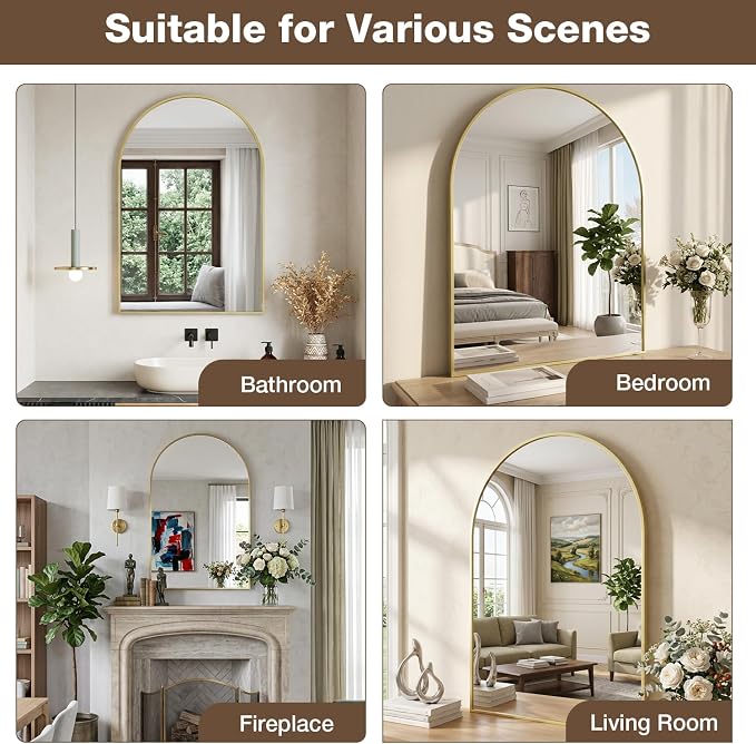 24"x30" Brushed Gold Arched Vanity Bathroom Mirror, Set of 2 | Aluminum Alloy Frame, Clear Reflection, Rust-Resistant, Vertical or Horizontal, Wall Mount, Bedroom and Entryway