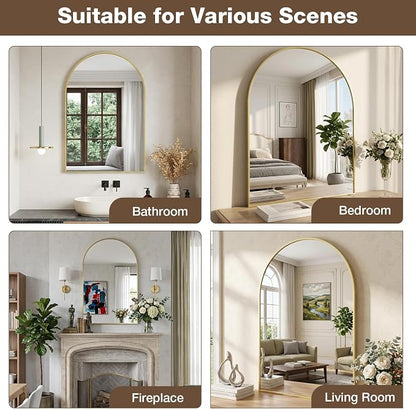 24"x36" Brushed Gold Arched Vanity Bathroom Mirror, Set of 2 | Aluminum Alloy Frame, Clear Reflection, Rust-Resistant, Vertical or Horizontal, Wall Mount, Bedroom and Entryway