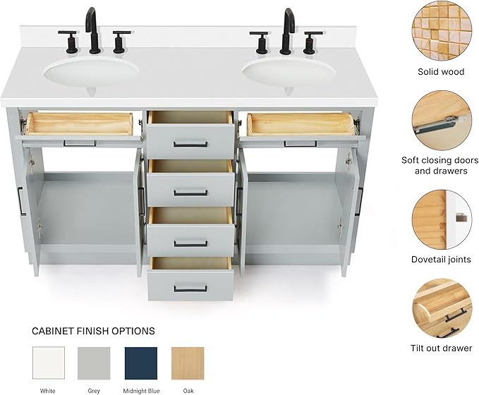 ARIEL Hepburn 60-inch Bathroom Vanity with Sink,Solid Wood, 1.5-inch Pure White Quartz Countertop & Backsplash, Double Oval Porcelain Sink, 4 Soft Closing Doors, 6 Dovetail Drawers, Grey