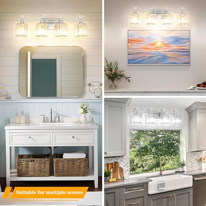 Modern Crystal Bathroom Vanity Light 4-Lights, Chrome Vanity Lights for Bath, Crystal Bathroom Wall Fixture Over Mirror, Wall Sconces Lighting with Clear Glass Shade for Bedroom, Living Room