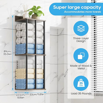 Towel Racks for Bathroom Wall Mounted with Wooden Storage Shelf | Updated 3 Bar Metal Towel Holder for Rolled Towels, Sturdy and Large Capacity, Towel Storage Organizer