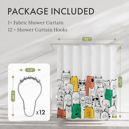 AmazerBath Shower Curtain, Washable Cute Kitty Carnival Cloth Shower Curtain Set with 12 Metal Hooks, Kawaii Waterproof Fabric Black and White Shower Curtain for Kids' Bathroom, 72x72 Inches