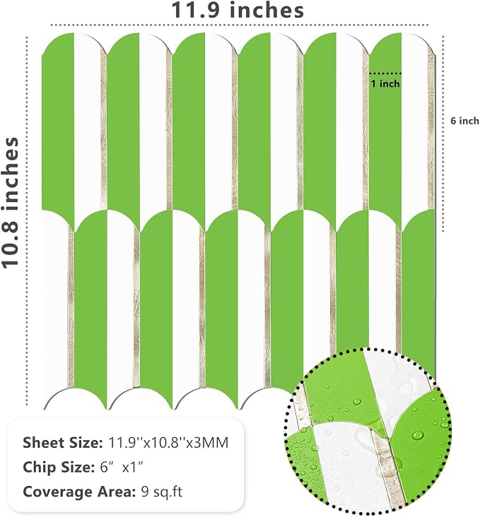 Vamos Tile Peel and Stick Backsplash Seamless Tile,Fish Scale,Matt,10-Sheet | 11.9''x10.8'',White & Grass Green PVC+Light Gold Stick on Backsplash Tile for Kitchen & Bathroom & Laundry & Camper