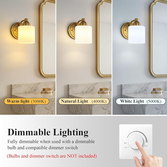 Mecgirn Brass Milk Glass Wall Sconces, 1 Pack Hardwired Indoor Wall Light Fixtures for Living Room, Hallway, Bedroom, Ceramic E26 Sockets (Bulbs Not Included)