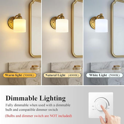 Mecgirn Brass Milk Glass Wall Sconces, 1 Pack Hardwired Indoor Wall Light Fixtures for Living Room, Hallway, Bedroom, Ceramic E26 Sockets (Bulbs Not Included)