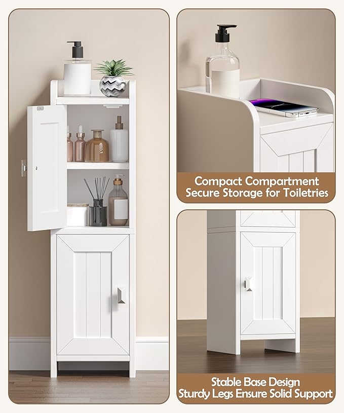 Small Bathroom Cabinet with 2 Doors, 7.9''D x 7.9''W Narrow Toilet Paper Storage Cabinet, Bathroom Organizer for Small Spaces, Slim Corner Unit with Adjustable Shelf, White